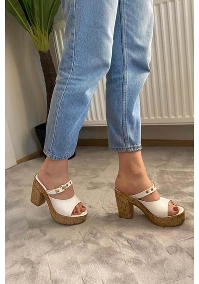 Asmi Shoes Kadın Tena Mantar Taban Platform Topuklu Terlik 10 Cm Snd456 Beyaz Beyaz