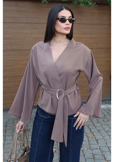 Kechi Woman Krep Kumaş Kruvaze Kemerli Kimono Bluz Vizon