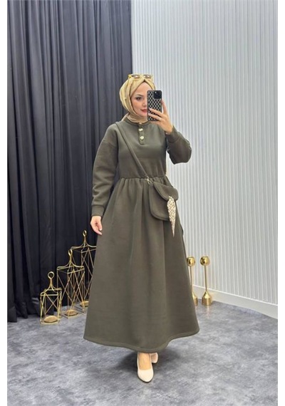Neşeli Butik Kadın Haki Gold Düğmeli Çanta Detaylı Tam Boy Tesettür Elbise Nms077