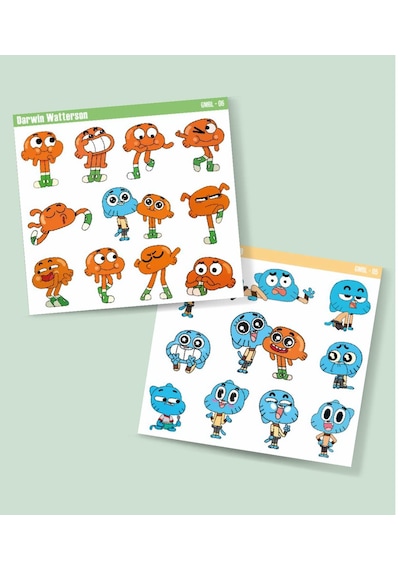 Çizgifilm-gumball-darwin Watterson- Sticker Set 2li Parlak Kağıt- Çizgi Dizi Etiket Sticker Süsleme Yeşil