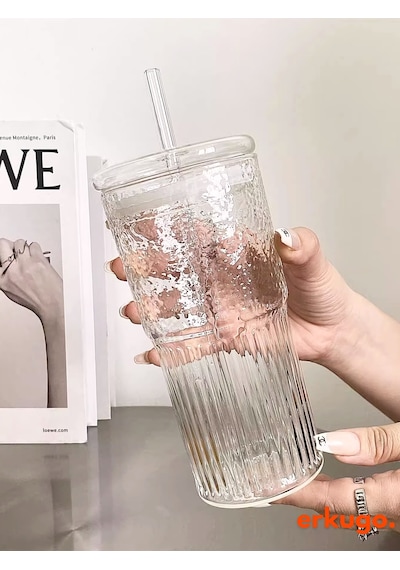 Borosilikat Sunum Bardağı Kapaklı Pipetli Bardak Kahve Bardağı Isı Dayanıklı 600 ML Macchiato