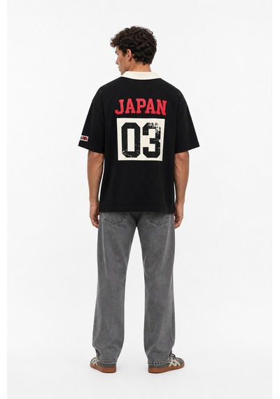 Respire Erkek Yaka Detaylı Oversize T-shirt Siyah