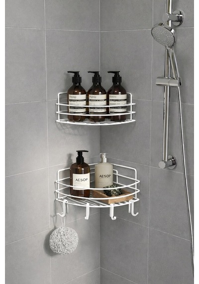 Sas Haus   Tek Katlı Köşe Duş Rafı Kancalı Banyo Şampuanlık & Organizer 2 Adet Beyaz Tk-01 beyaz