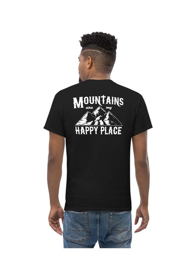 Wildstyle Mountains Are My Happy Place Dağcı Doğa Kamp Baskılı Unisex Pamuklu Tişört Siyah