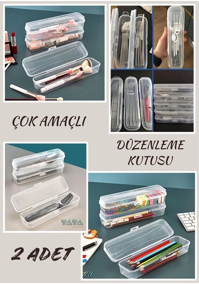 2 Adet Şeffaf Çatal Kaşık Bıçak Kırtasiye Kozmetik Çok Amaçlı Düzenleyici Kutu Kilitli Plastik 24 X Diğer