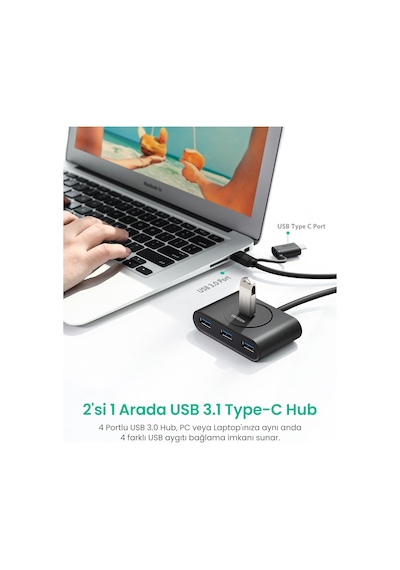 Ugreen Usb A/usb C To 4 Port Usb 3.0 Hub Çoklayıcı Siyah 1 Metre, 40850