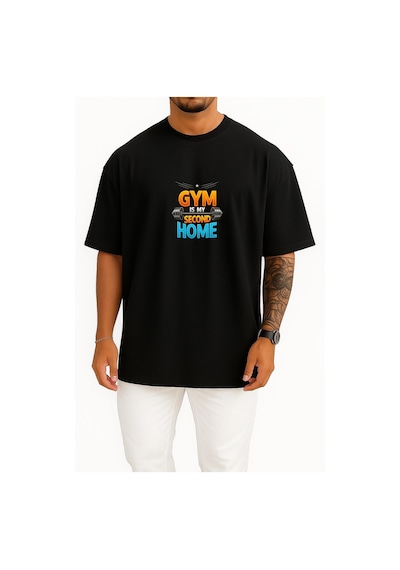 Bahriyeli Collection Oversize Gym Benim İkinci Evim Göğüs Baskılı Unisex T-shirt Siyah
