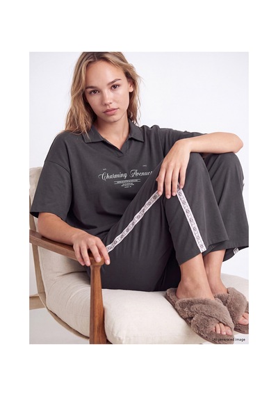 Lcw Young Antrasit Polo Yaka Baskılı Kadın Pijama Takım