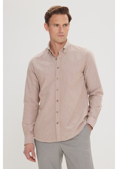 Erkek Vızon Slim Fit Dar Kesim Düğmeli Yaka Pamuklu Oxford Gömlek Vizon