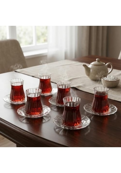 12 Parça Çay Seti - 6 Adet Fitil Desenli Cam Çay Bardağı Ve 6 Adet Cam Çay Tabağı - Isıya Dayanıklı Çay Tak Diğer