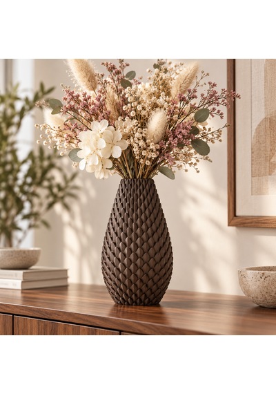 Kabartma Desenli Dekoratif Vazo 20 Cm Modern Tasarım Kahverengi