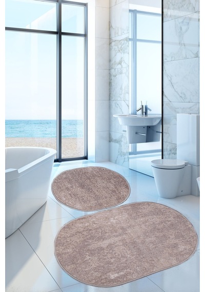 Nova Kahve Oval 60x100 + 50x60 Cm 2'li Banyo Paspası Seti Kaymaz Çok Renkli