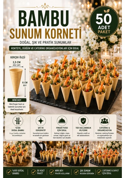 50'li Pkt Mini Bambu Sunum Korneti 6x3,5 Cm Doğal Sunum Külahı Kokteyl Catering Finger Food Sunumluk