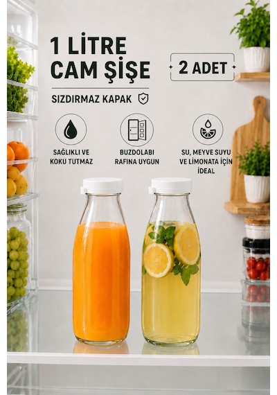 Rotanev 2 Adet Beyaz Plastik Kapaklı 1 Litre Şeffaf Sürahi Süt, Ayran, Su, Limonata Meşrubat Şişesi Cam Şişe