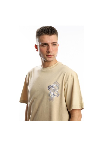 Erkek Oversize Fit Ön Arka Baskılı Basic Tişört Bej