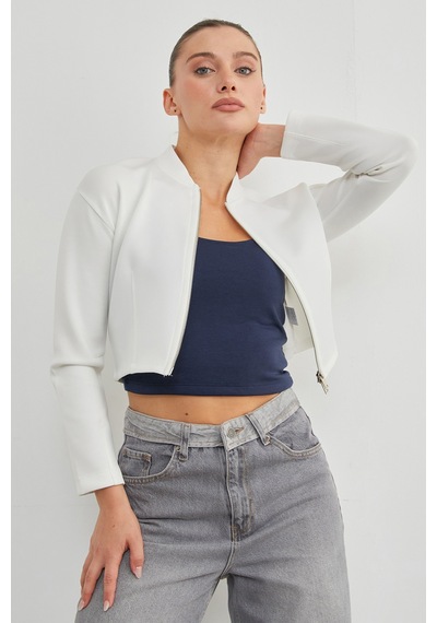 Fullamoda Fermuarlı Hakim Yaka Crop Spor Ceket Beyaz