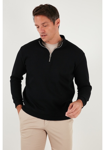 Buratti Pamuklu Relaxed Fit Yarım Fermuarlı Sıfır Yaka Örme Erkek Sweat 5901076 Siyah