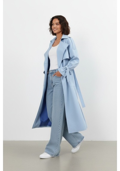 Durivya Cep Detaylı Oversize Trençkot Bebe Mavisi