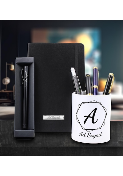 Kişiye Özel Tasarım Porselen Kalemlik & Siyah Defter & Roller Kalem Ofis İş Hediye Seti