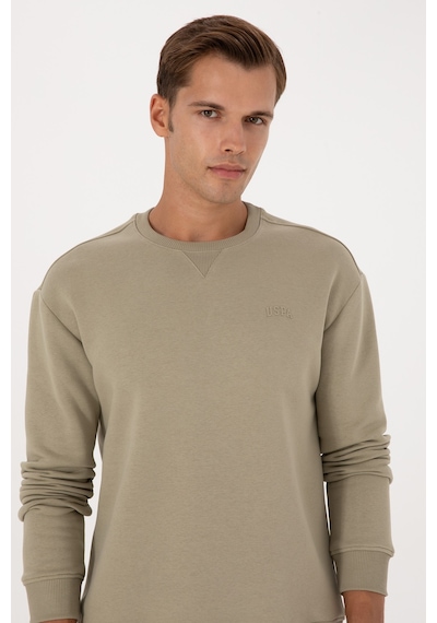 U.S. Polo Assn. Erkek Comfort Fit Bisiklet Yaka Şardonlu Açık Haki Basic Sweatshirt 50313757-VR183