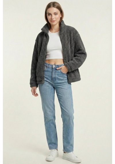 Kadın Peluş Tam Fermuarlı Cepli Sherpa Kuzu Kumaş Oversize Peluş Polar Sweatshirt Füme