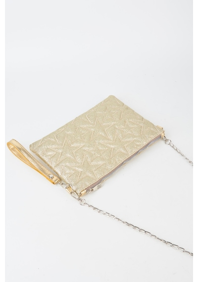 Vivaq Kadın Sarı Simli Yıldız Nakışlı Suni Deri Bilek Ve Zincir Askılı Portföy El Ve Clutch Çanta