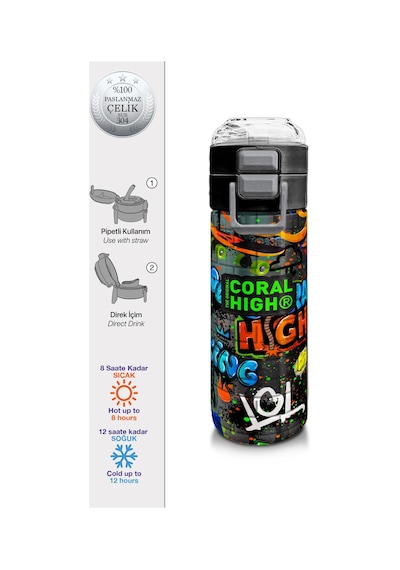 Coral High Kids Siyah Mavi Grafiti Desenli Pipetli Ve Direkt İçim Çelik Termos 500 Ml 31972 Saks Mavi
