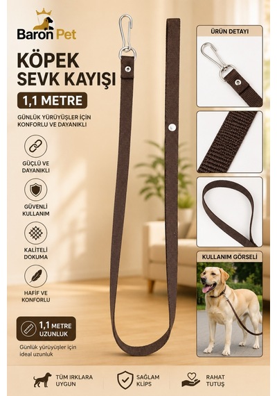 Köpek Sevk Kayışı 1,1 Metre Kahverengi Dokuma Karabina Klipsli Tüm Irklar İçin Gezdirme Kayışı
