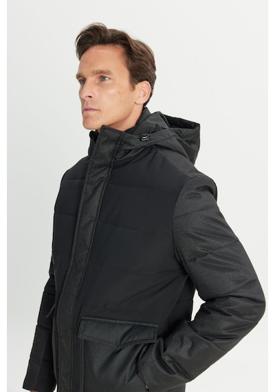 AC&Co / Altınyıldız Classics Erkek Sıyah Standart Fit Normal Kesim Kapüşonlu Çıtçıtlı Torba Cepli Kaban Siyah