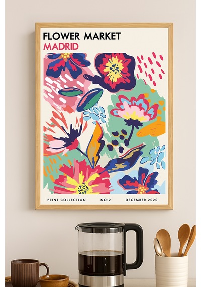 Flower Market Madrid Doğal Ahşap Çerçeveli Poster, Dekoratif Sanatsal Duvar Tablosu