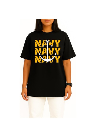 Bahriyeli Collection Oversize Trio Navy Anchor Göğüs Ve Sırt Baskılı Unisex T-shirt Siyah