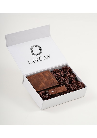 Premium Gift Rose Box M.utd Eskitme Taba Hakiki Deri Cüzdan Kartlık Anahtarlık Ve Kahve Gül Kutusu Kahverengi