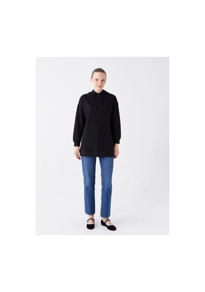 LC Waikiki Kapüşonlu Düz Uzun Kollu Kadın Sweatshirt Tunik Siyah