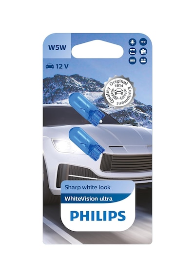 Philips T10 W5w Whitevision Ultra Halojen Sinyal Lambası, Çift Kabarcık, 35484330, Arabalar İçin, Beyaz Gün Işı