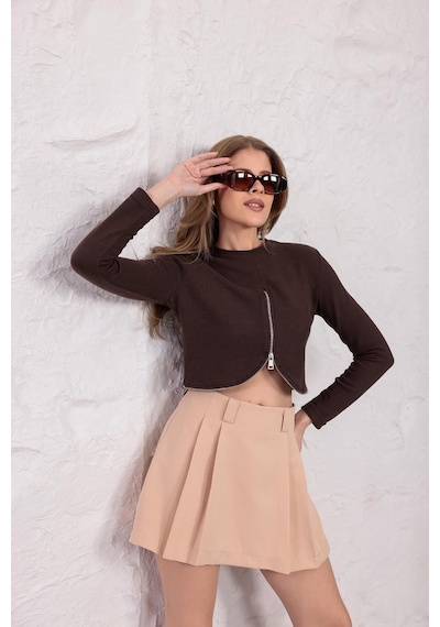 Ckm Moda Mira Selanik Oval Fermuar Bluz Kahve