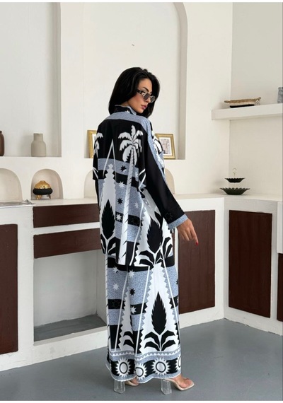 Wellway Atlas Kumaş Tunik Gömlek & Pantolon 2li Takım-mavi Çiçekli-2590 Lacivert