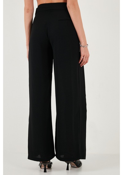 Lela Düğmeli Pile Detaylı Wide Leg Yüksek Bel Geniş Paça Bayan Pantolon 68351133 Siyah