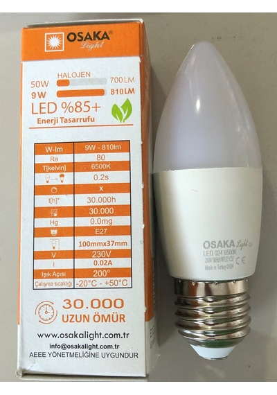 10 Adet Osaka E 27 Led Buji 9w 50w 810 Lümen 6500 Kelvin Beyaz