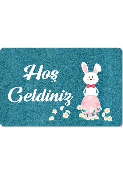 Dijital Baskılı Kapı Önü Paspas Hoşgeldiniz Yazılı Çiçek Desen Ve Tavşan Iç Ve Dış Kapı Yıkanabilir Pembe