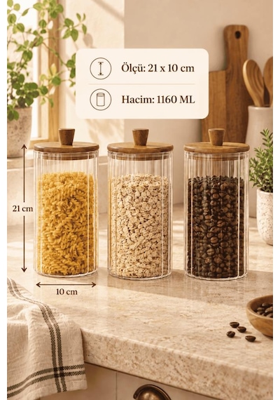 Atbyhome 3'lü Akasya Ahşap Kapaklı Çizgili Cam Kavanoz 1160 Ml - Vakumlu Erzak Ve Bakliyat Kabı Ahşap - Şeffaf