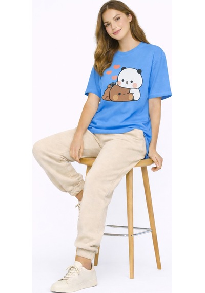 Nevermınd Sevimli Panda Baskılı Sevgili Kombini Çift Tişört Oversize Unisex Çift Kombin 2'li Set Mavi Mavi