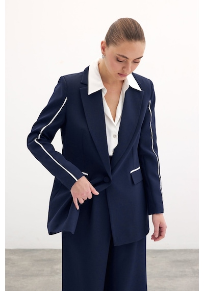 Sateen Kontrast Salaş Ceket - Lacivert-134593 Lacivert