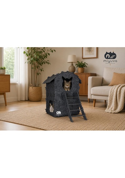 Keçe Kedi Evi Demonte, Yıkanabilir, Taşınabilir Kedi Kulübesi Dubleks Gri