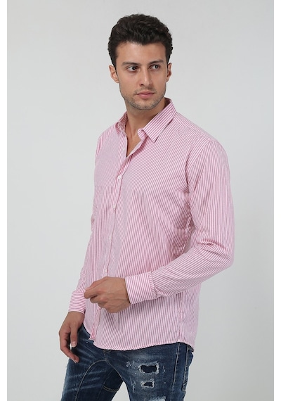 Erkek Kalın Dik Çizgili Uzun Kollu Slim Fit Gömlek 21y-4300599 Kırmızı Kırmızı