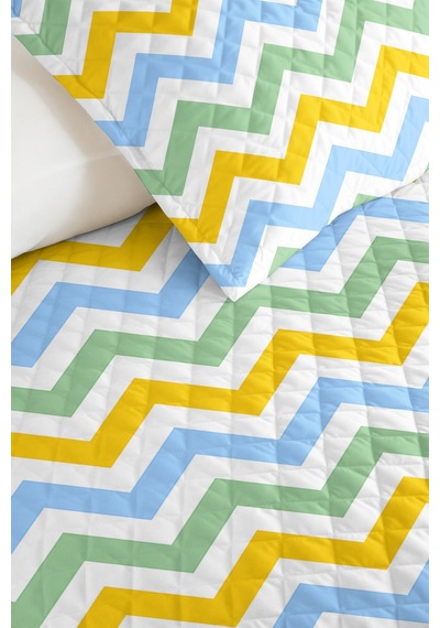 Mavi Zigzag Geometrik Genç Odası Tek Kişilik Pike Takımı-sarı Yeşil 160x220 Cm Kapitone Yatak Örtüsü Bohem Kireç Geçişi