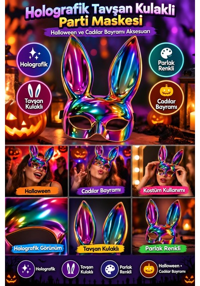 Holografik Tavşan Kulaklı Parti Maskesi Parlak Renkli Halloween Cadılar Bayramı Kostüm Aksesuarı Diğer