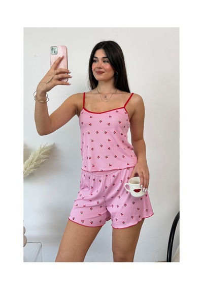 Giysa Kadın Askılı Kiraz Desenli Şortlu Pijama Takımı Pembe - 3300