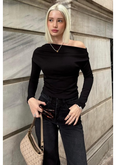 Seeh Siyah Kadın Off Shoulder Uzun Kollu Bluz Sh327