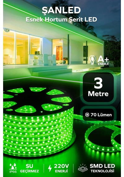 Hortum Esnek 220v Şerit Led Yeşil 3 Metre 3 Metre