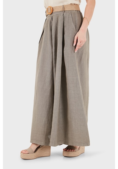 Via Dante Relaxed Fit Yüksek Bel Bol Paça Keten Pantolon Bayan Pantolon 7544 Toprak
